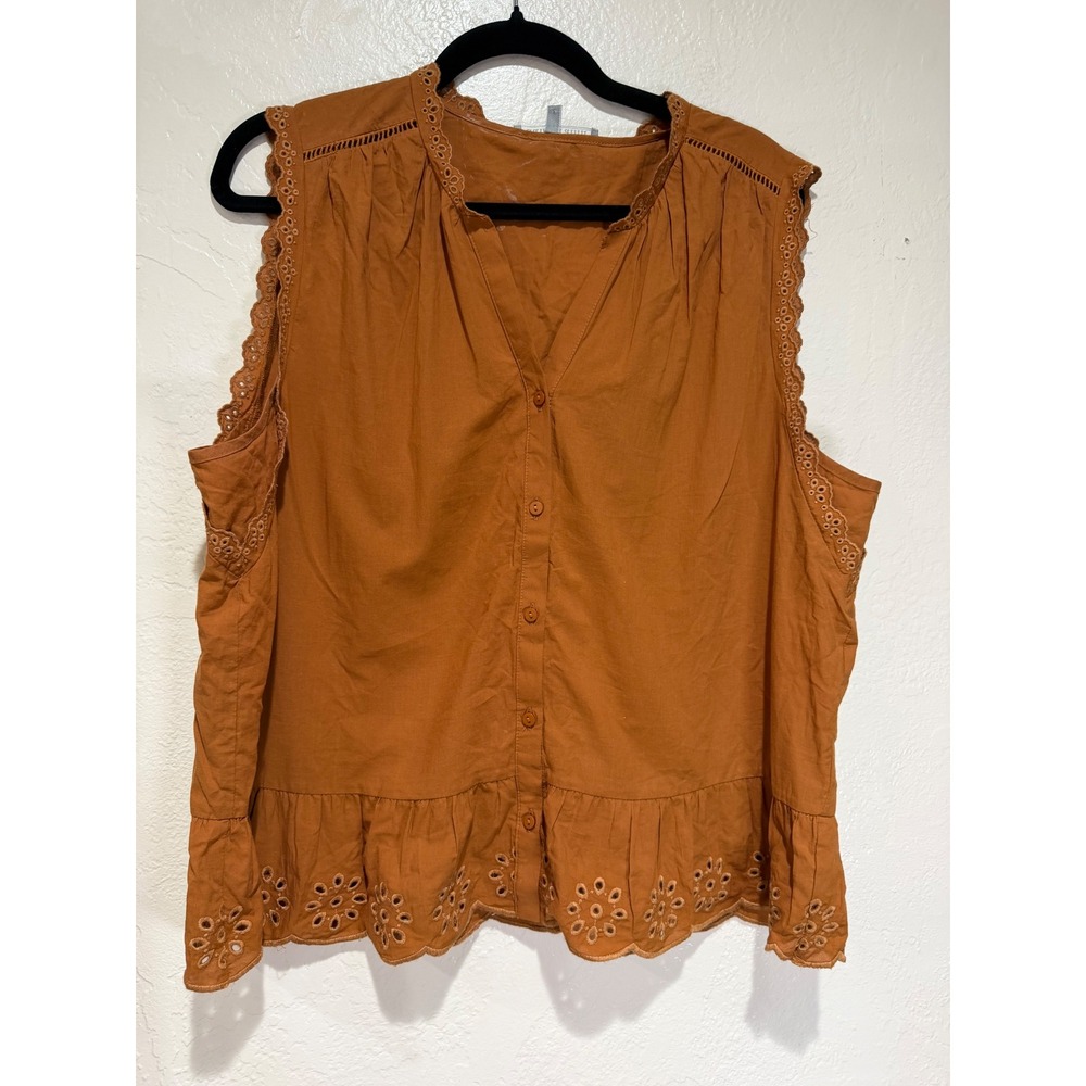 Anthropologie Postmark Burnt Orange Eyelet Scalloped Peplum Cotton Top XL